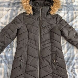 Tommy Hilfiger Black Quilted Puffer Coat with Faux Fur Hood